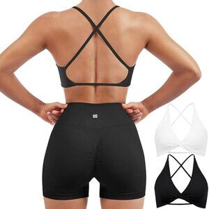 Double Line Sports Bra Twist V Neck Open Back Strappy Workout Gym Bra 2 Pack